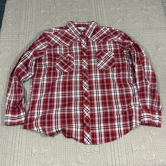 Wrangler Men's XL Wrancher Shirt Pearl Snap Red Plaid Cowboy Tiny Spot See Pics - Picture 2 of 12